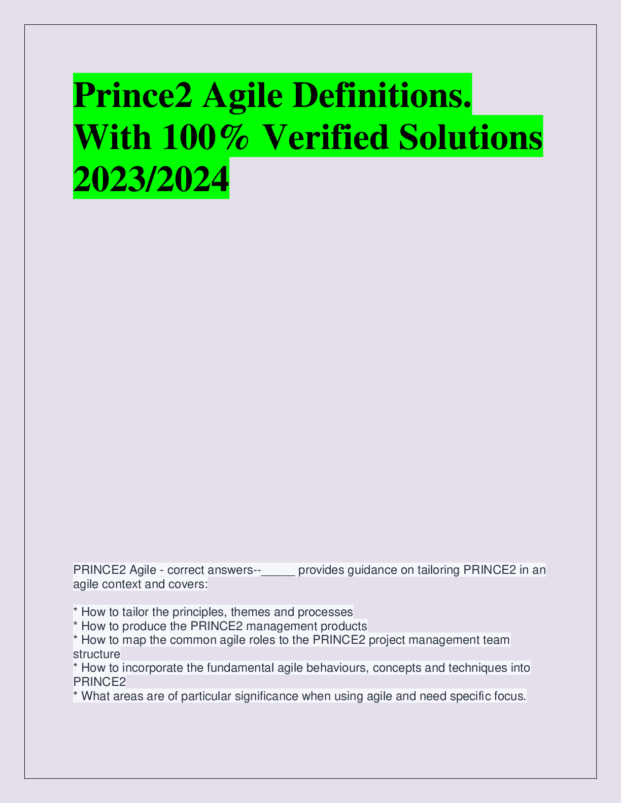Recommended document preview for Prince2 Agile Definitions.  With 100% Verified Solutions  2023/2024