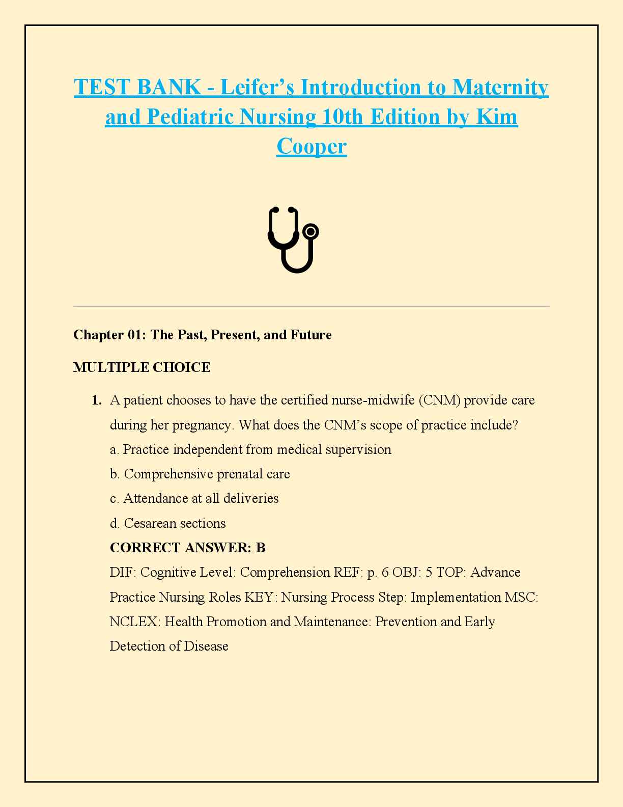 Preview of TEST BANK - Leifer’s Introduction to Maternity and Pediatric Nursing 10th Edition by Kim Cooper