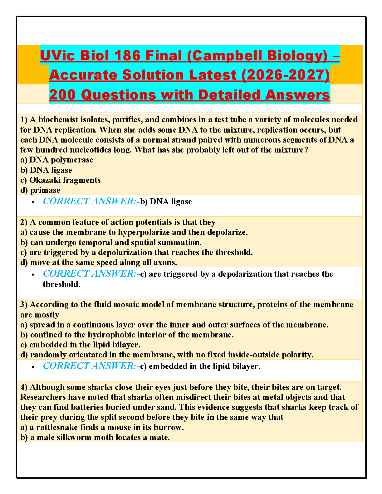 Recommended document preview for UVic Biol 186 Final (Campbell Biology) –  Accurate Solution Latest (2026-2027)  200 Questions with Detailed Answers