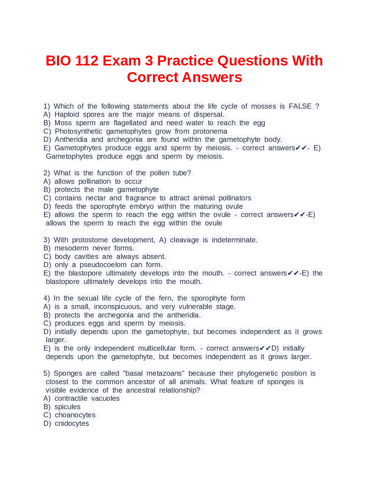 Recommended document preview for BIO 112 Exam 3 Practice Questions With Correct Answers