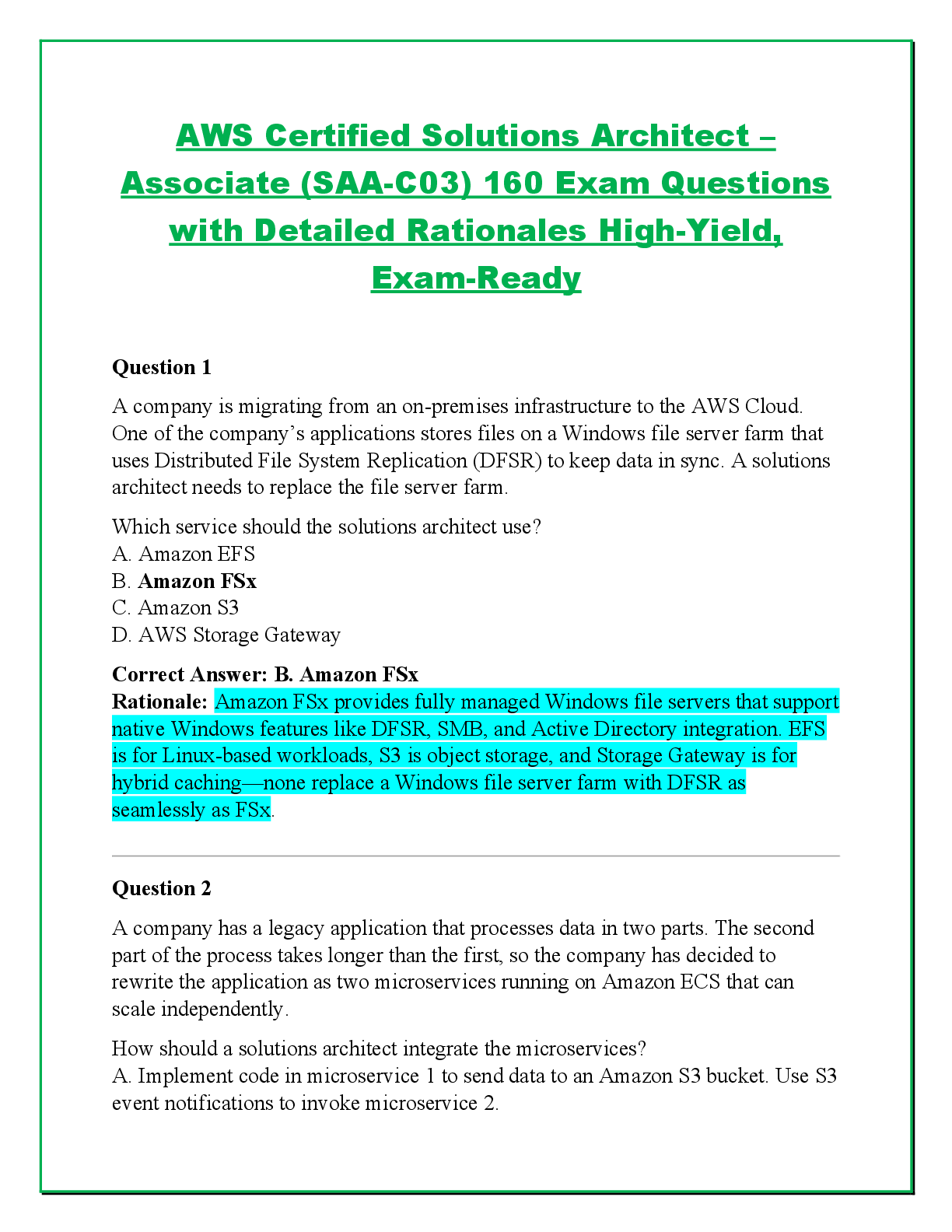 Recommended document preview for AWS Certified Solutions Architect –  Associate (SAA-C03) 160 Exam Questions  with Detailed Rationales High-Yield,  Exam-Ready