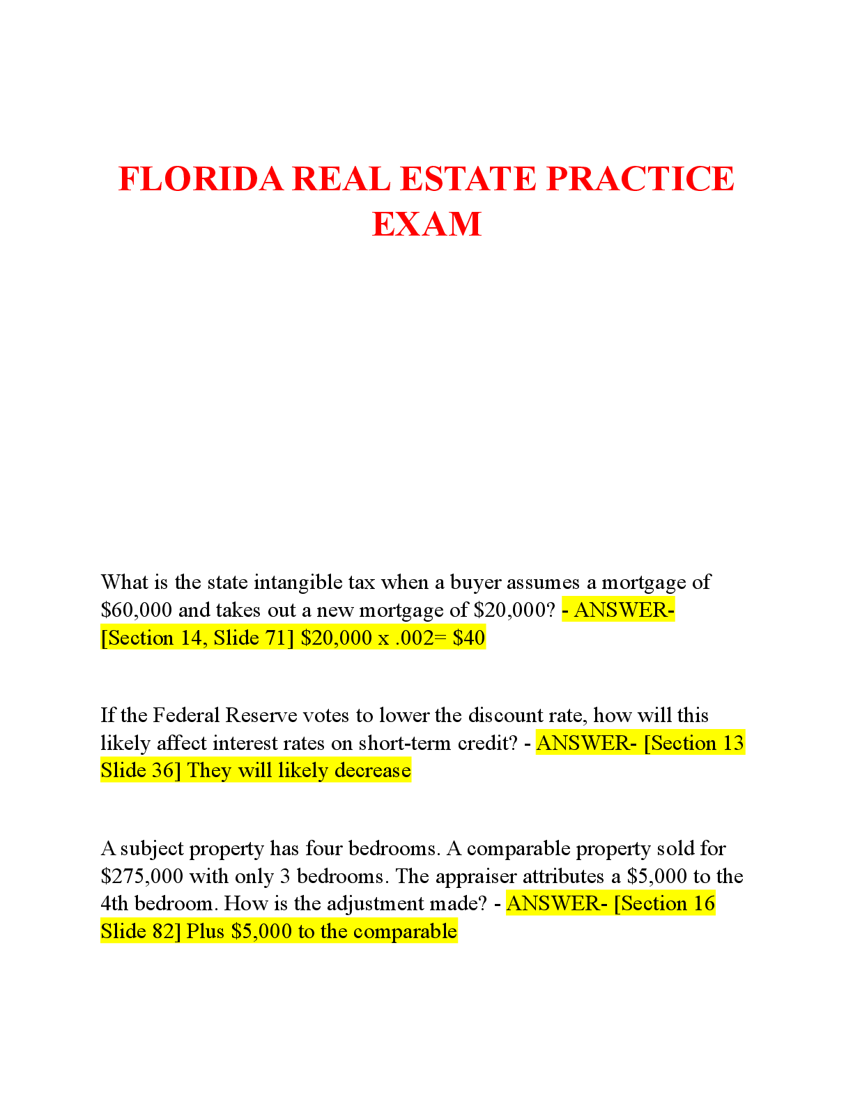 Recommended document preview for FLORIDA REAL ESTATE PRACTICE  EXAM