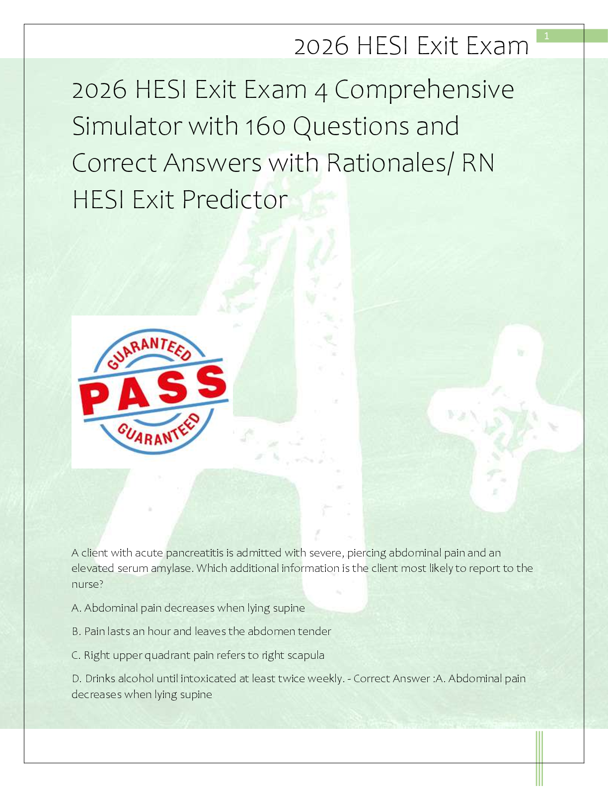 Recommended document preview for 2026 HESI Exit Exam 4 Comprehensive  Simulator with 160 Questions and  Correct Answers with Rationales/ RN  HESI Exit Predictor