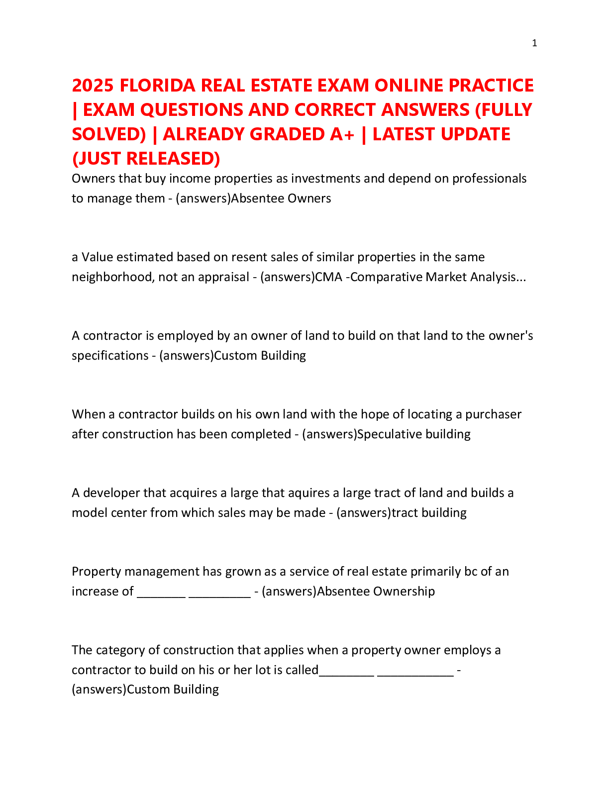Recommended document preview for 2025 FLORIDA REAL ESTATE EXAM ONLINE PRACTICE  | EXAM QUESTIONS AND CORRECT ANSWERS (FULLY  SOLVED) | ALREADY GRADED A+ | LATEST UPDATE  (JUST RELEASED)