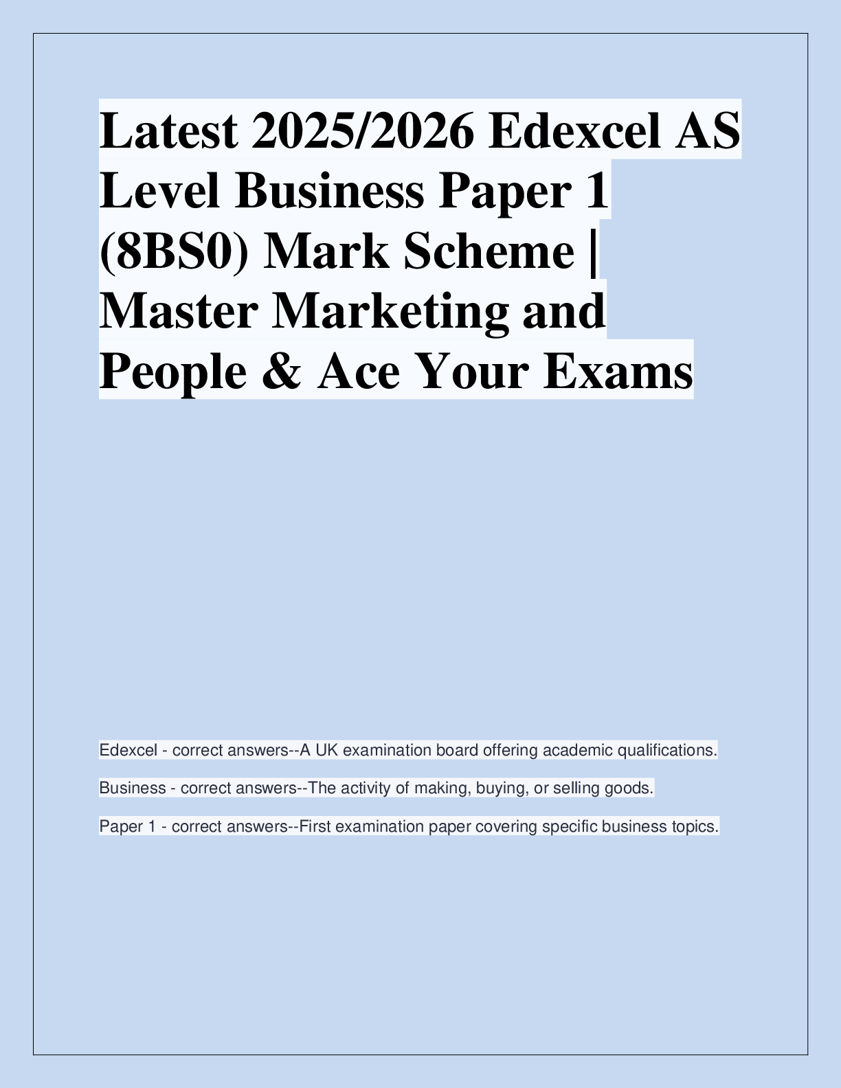Preview of Latest 2025/2026 Edexcel AS  Level Business Paper 1  (8BS0) Mark Scheme |  Master Marketin