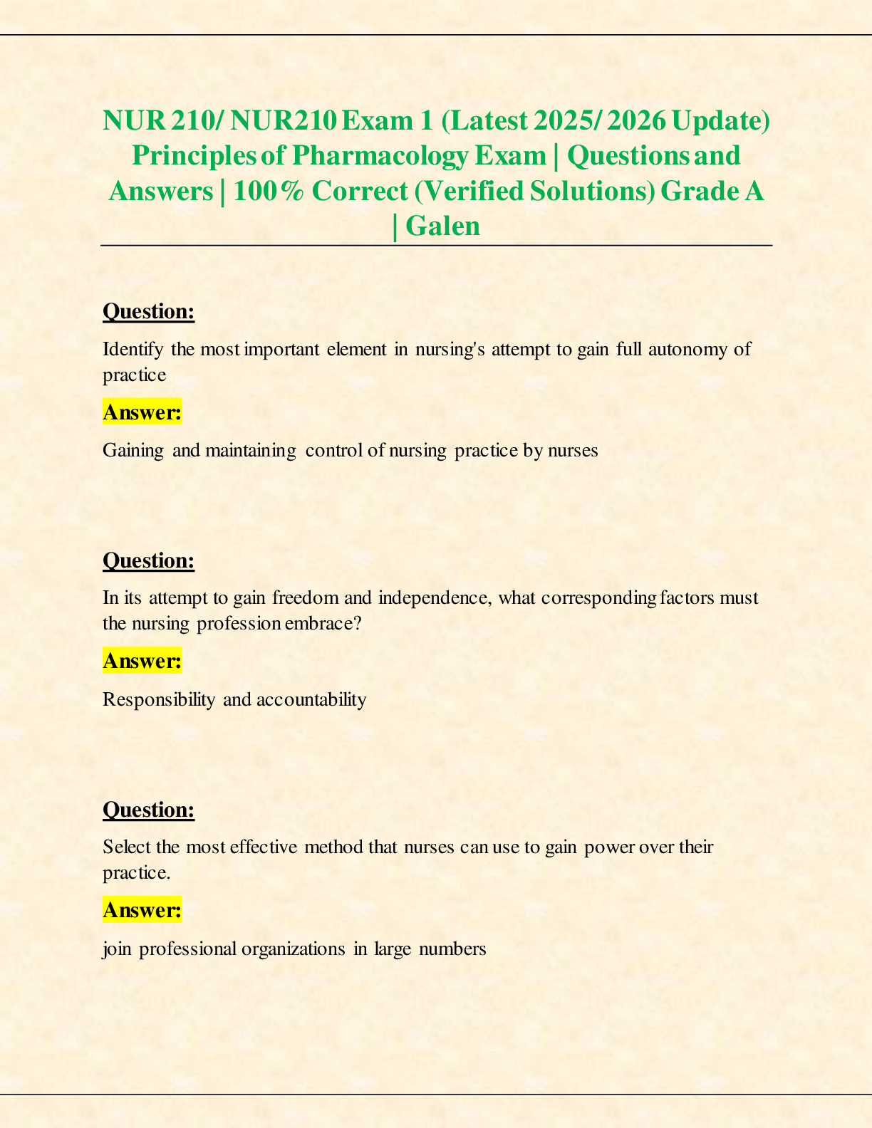 Recommended document preview for NUR 210/ NUR210 Exam 1 (Latest 2025/ 2026 Update)  Principles of Pharmacology Exam | Questions and  Answers | 100% Correct (Verified Solutions) Grade A  | Galen