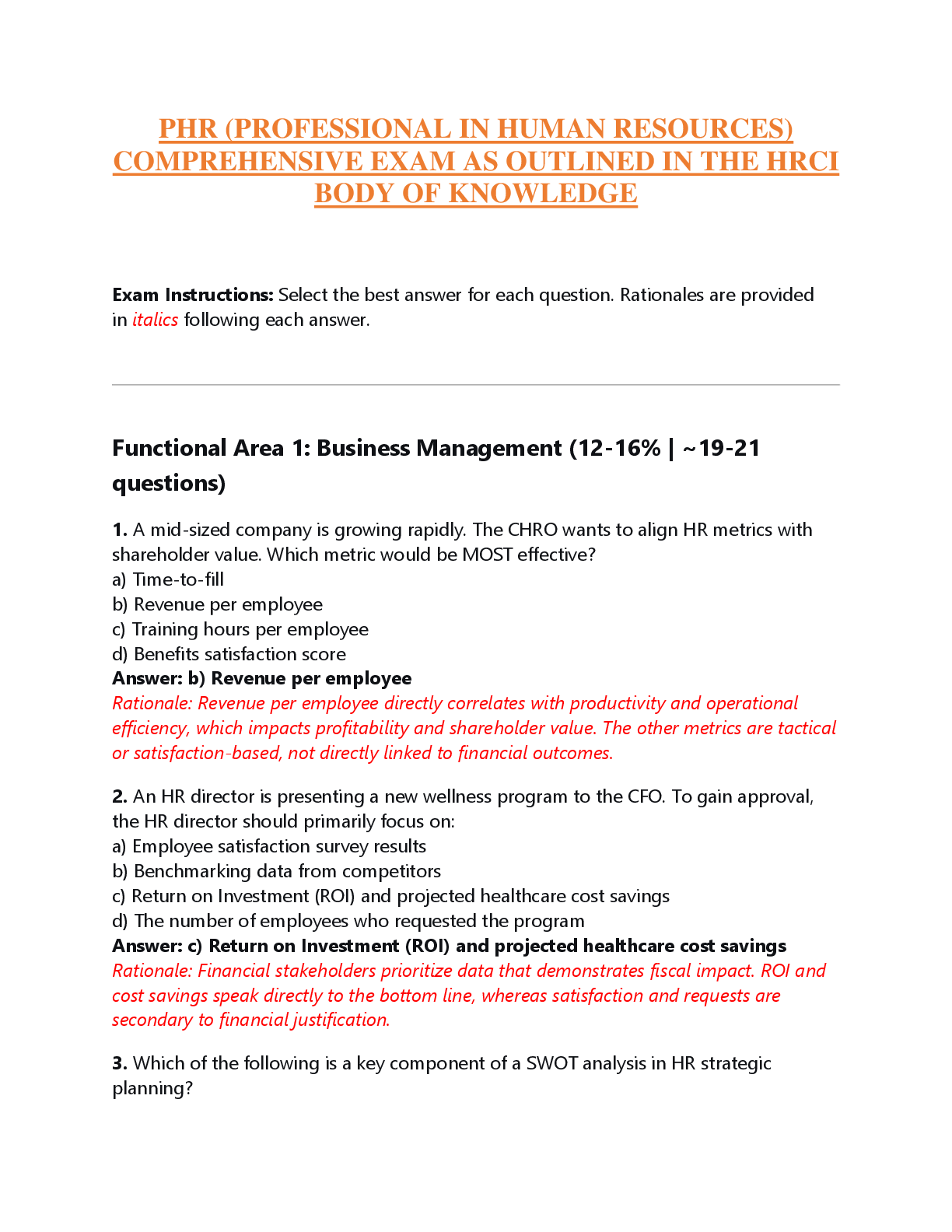 Recommended document preview for PHR (PROFESSIONAL IN HUMAN RESOURCES)  COMPREHENSIVE EXAM AS OUTLINED IN THE HRCI  BODY OF KNOWLEDGE