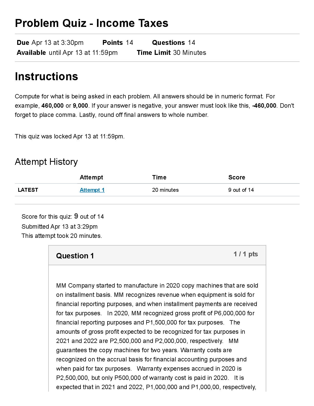 Recommended document preview for Income Taxes_ Intermediate Accounting 4 (Acctg Standards & Reporting) Sem 2 Problem Quiz