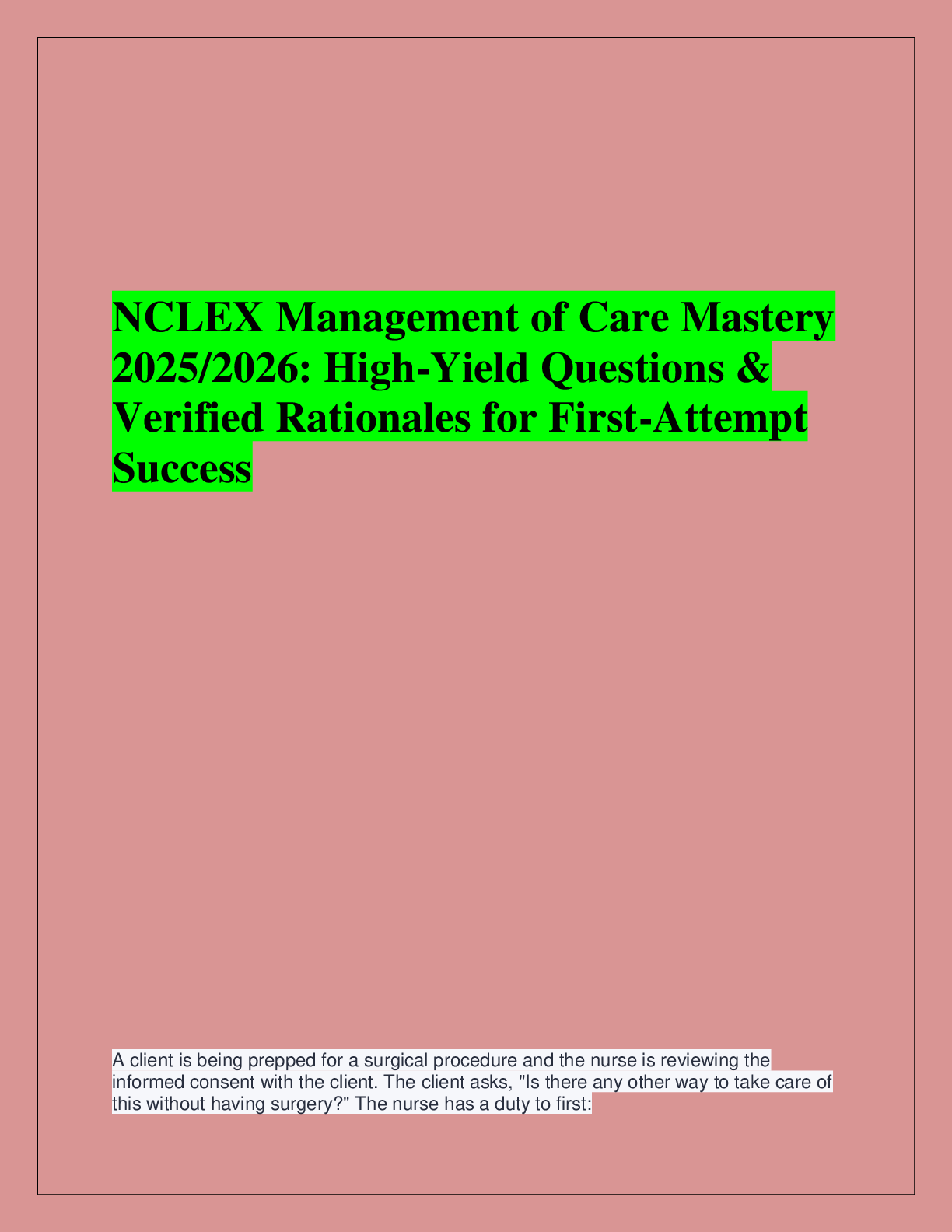 Recommended document preview for NCLEX Management of Care Mastery  2025/2026: High-Yield Questions &  V