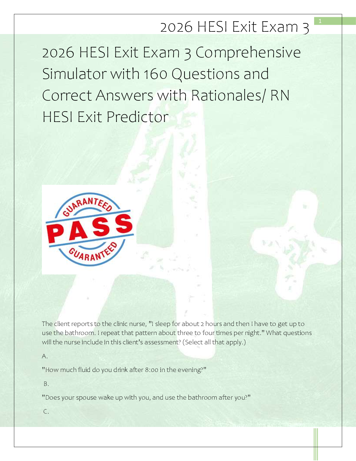 Recommended document preview for 2026 HESI Exit Exam 3 Comprehensive  Simulator with 160 Questions and  Correct Answers with Rationales/ RN  HESI Exit Predictor