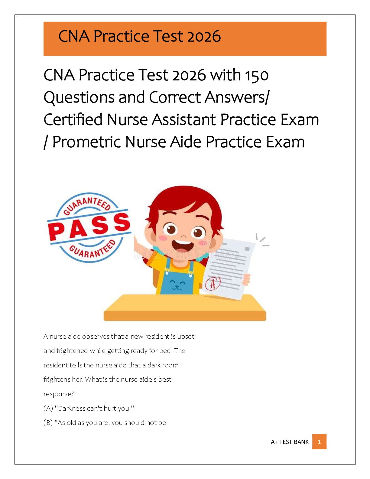 Recommended document preview for CNA Practice Test 2026 with 150  Questions and Correct Answers/  Certified Nurse Assistant Practice Exam  / Prometric Nurse Aide Practice Exam