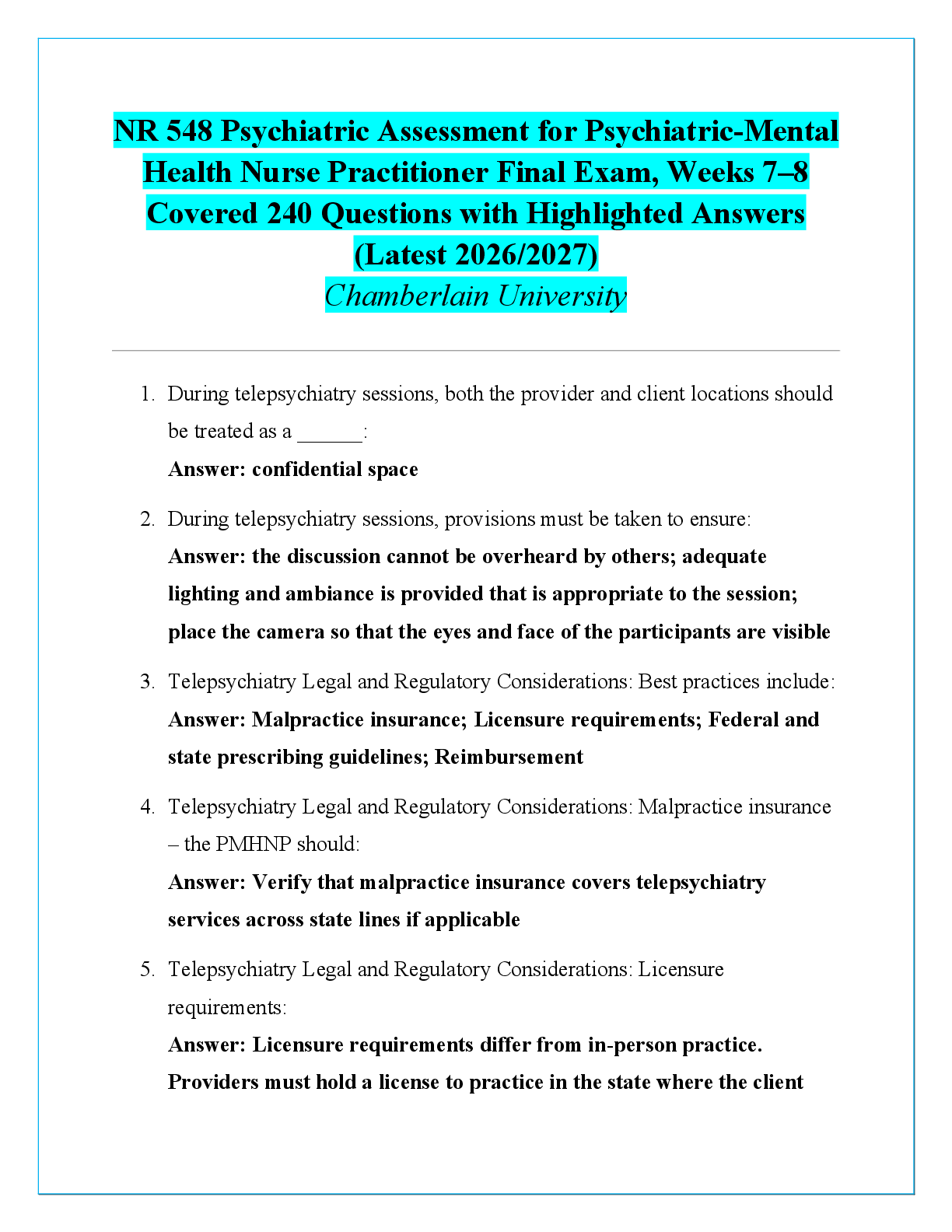 Recommended document preview for NR 548 Psychiatric Assessment for Psychiatric-Mental Health Nurse Practitioner Final Exam, Weeks 7–8 Covered 240 Questions with Highlighted Answers (Latest 2026/2027) Chamberlain University