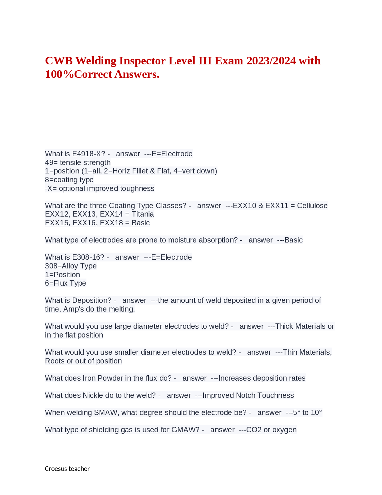 Recommended document preview for CWB Welding Inspector Level III Exam 2023/2024 with  100%Correct Answers.
