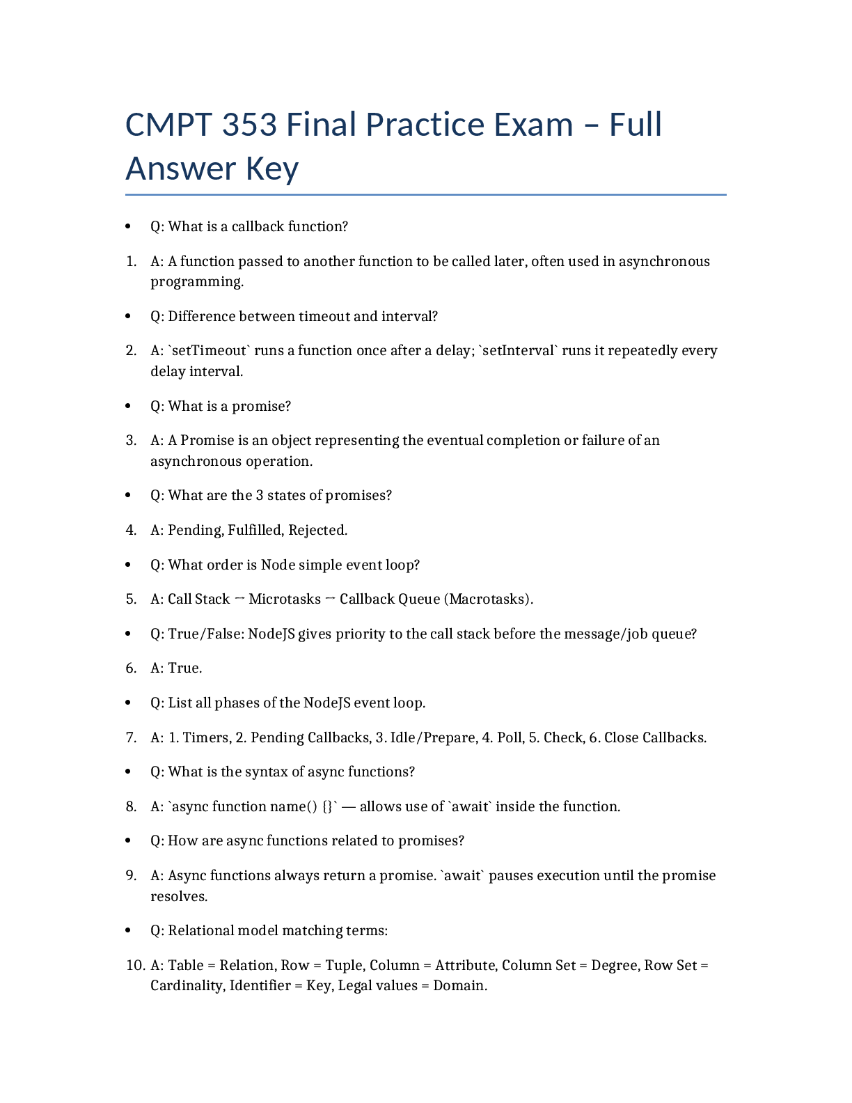 Recommended document preview for CMPT 353 Final Practice Exam – Full Answer Key