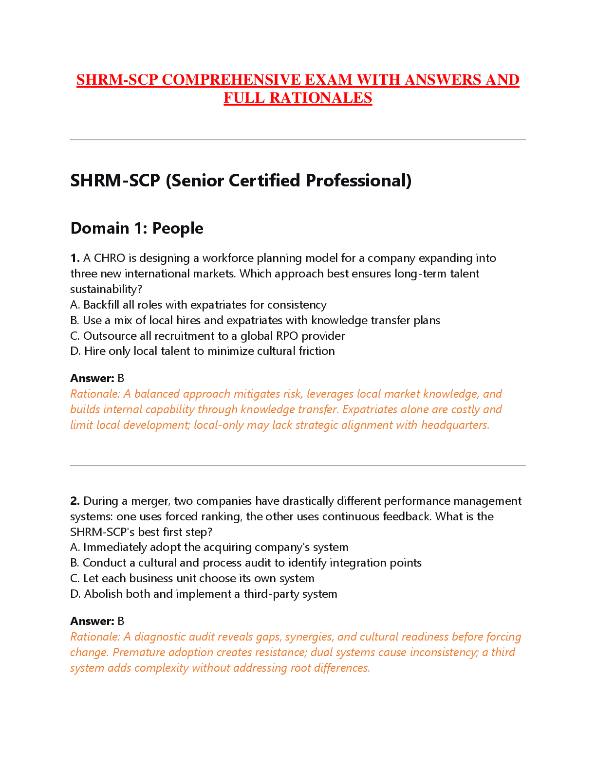 Recommended document preview for SHRM-SCP COMPREHENSIVE EXAM WITH ANSWERS AND  FULL RATIONALES