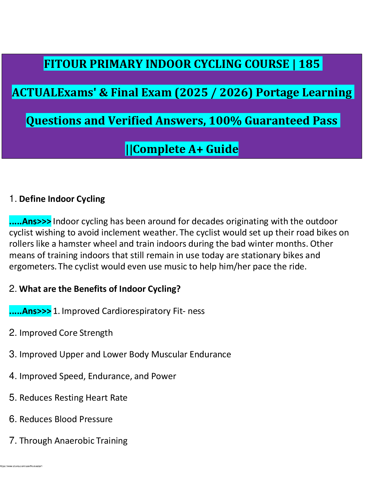 Recommended document preview for FITOUR PRIMARY INDOOR CYCLING COURSE | 185  ACTUALExams' & Final Exam (2025 / 2026) Portage Learning  Questions and Verified Answers, 100% Guaranteed Pass  ||Complete A+ Guide