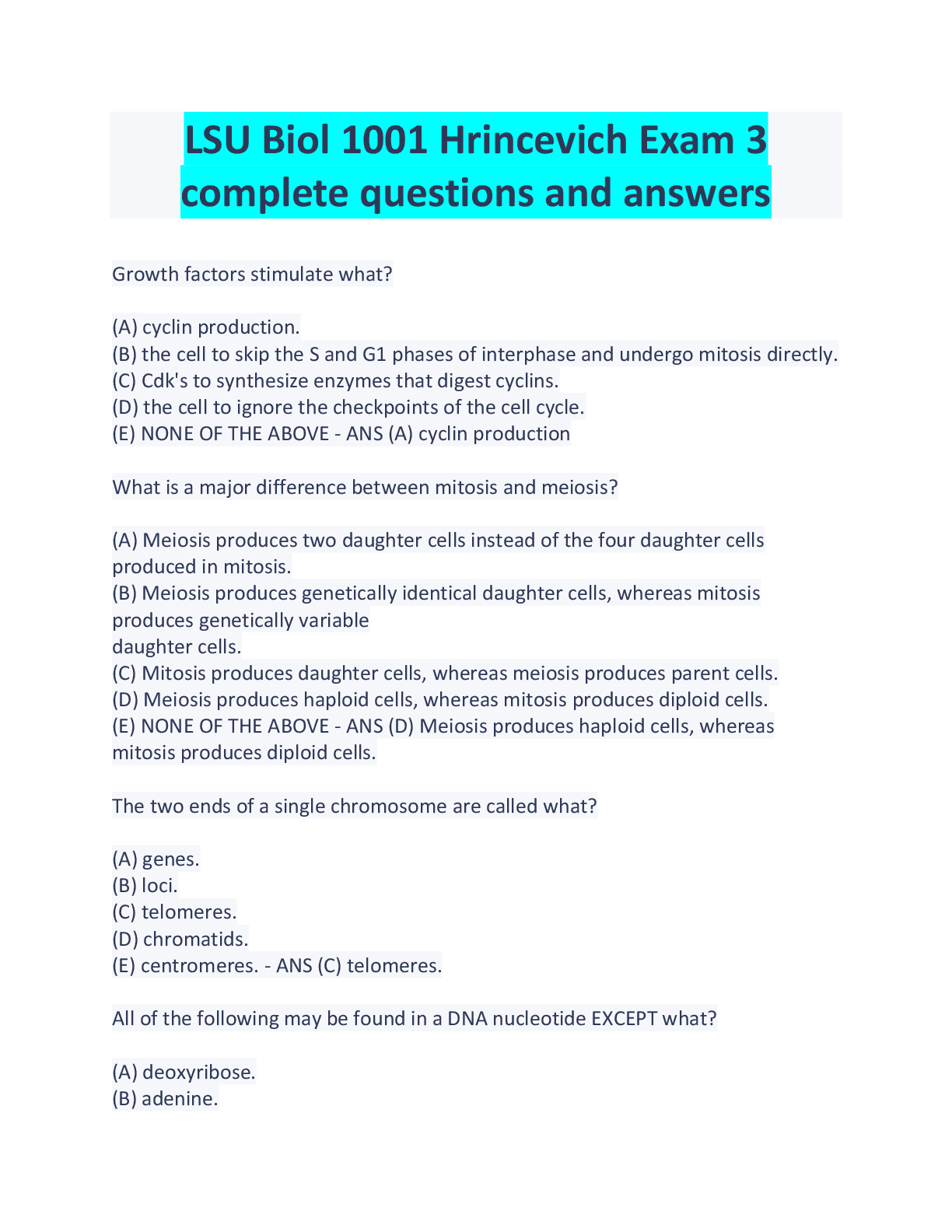 Recommended document preview for LSU Biol 1001 Hrincevich Exam 3  complete questions and answers