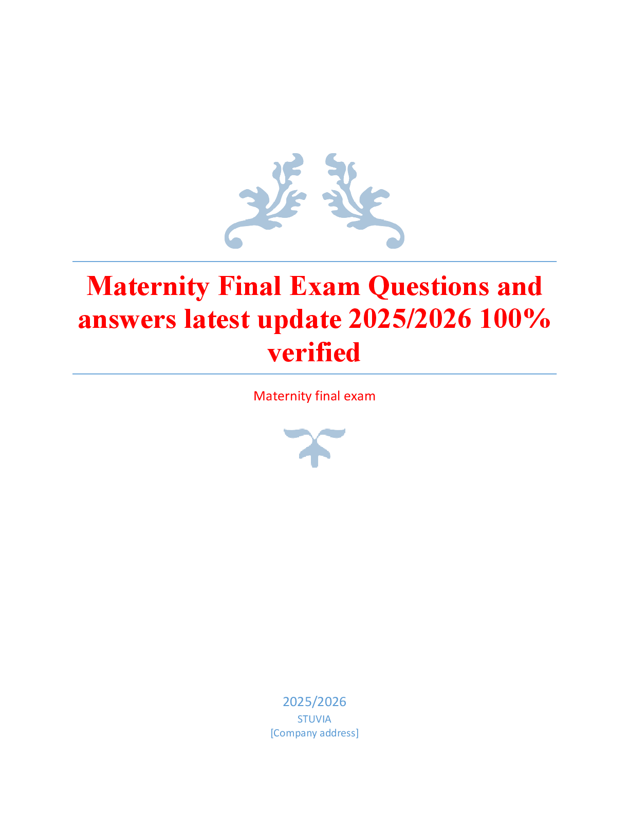 Recommended document preview for Maternity Final Exam Questions and  answers latest update 2025/2026 100%  verified