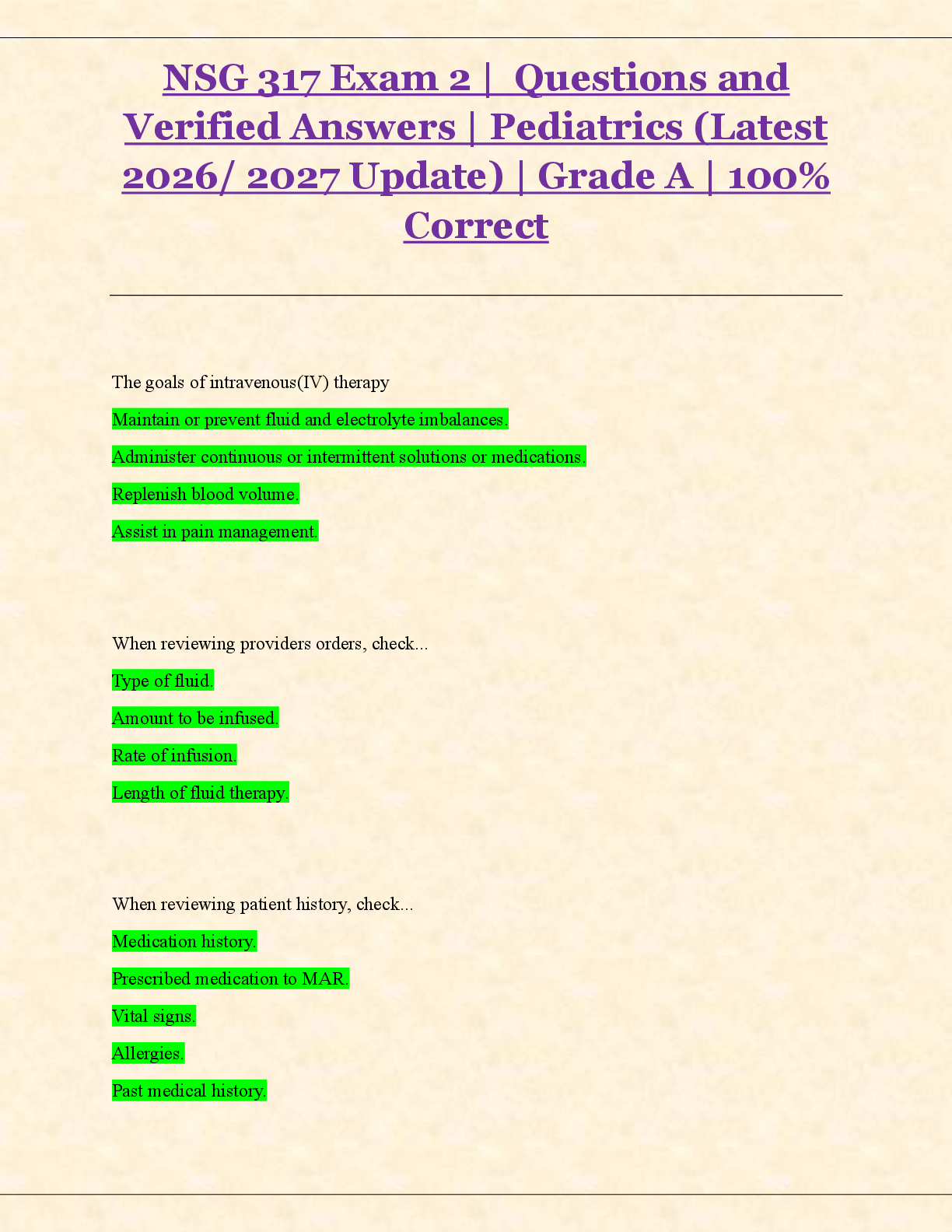 Recommended document preview for NSG 317 Exam 2 |  Questions and   Verified Answers | Pediatrics (Latest  2026/ 2027 Update) | Grade A | 100%  Correct