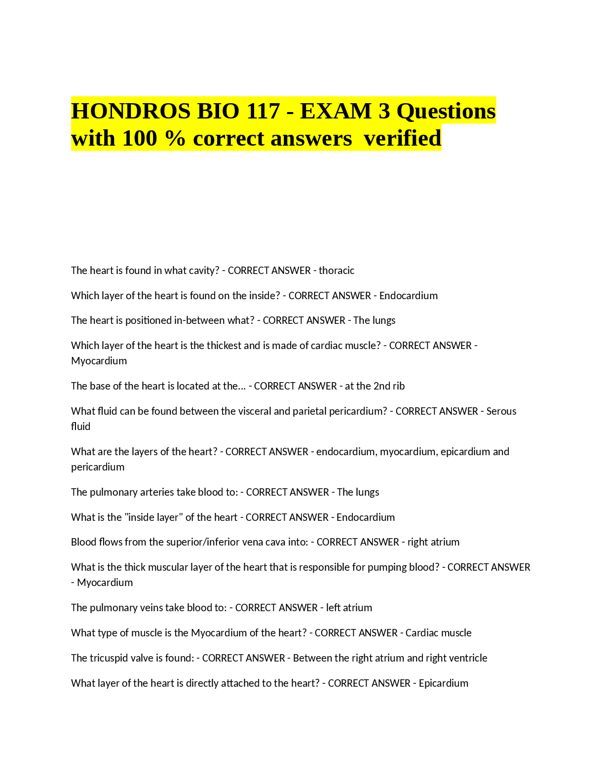 Recommended document preview for HONDROS BIO 117 - EXAM 3 Questions  with 100 % correct answers  verified
