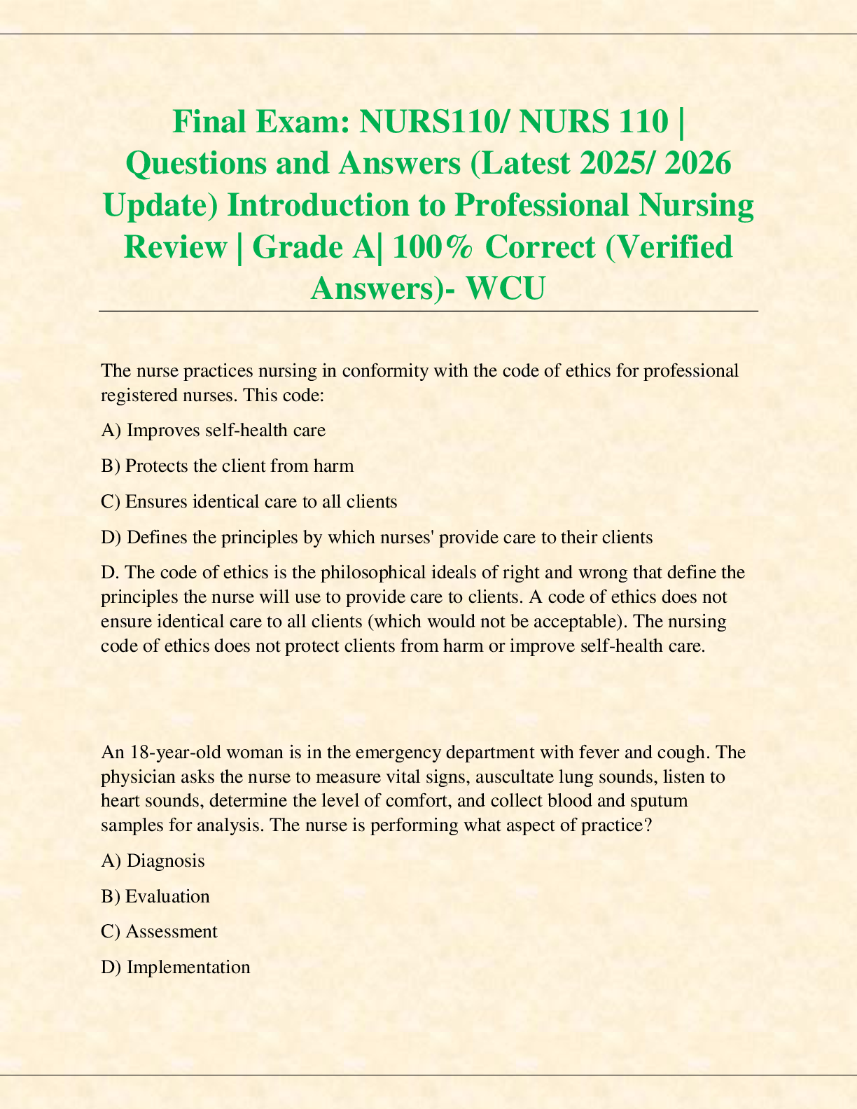 Recommended document preview for Final Exam: NURS110/ NURS 110 |  Questions and Answers (Latest 2025/ 2026  Update) Introduction to Professional Nursing  Review | Grade A| 100% Correct (Verified  Answers)- WCU