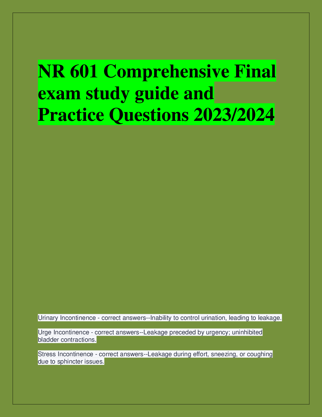 Recommended document preview for NR 601 Comprehensive Final  exam study guide and practice  questions NEW GUIDE FOR  2023/2024