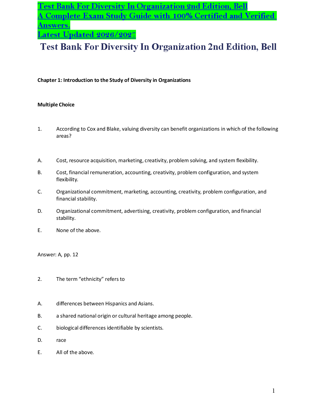 Recommended document preview for Test Bank ForDiversity In Organization 2nd Edition, Bell AComplete Exam Study Guide with 100% Certified and Verified Answers. Latest Updated 2026/2027