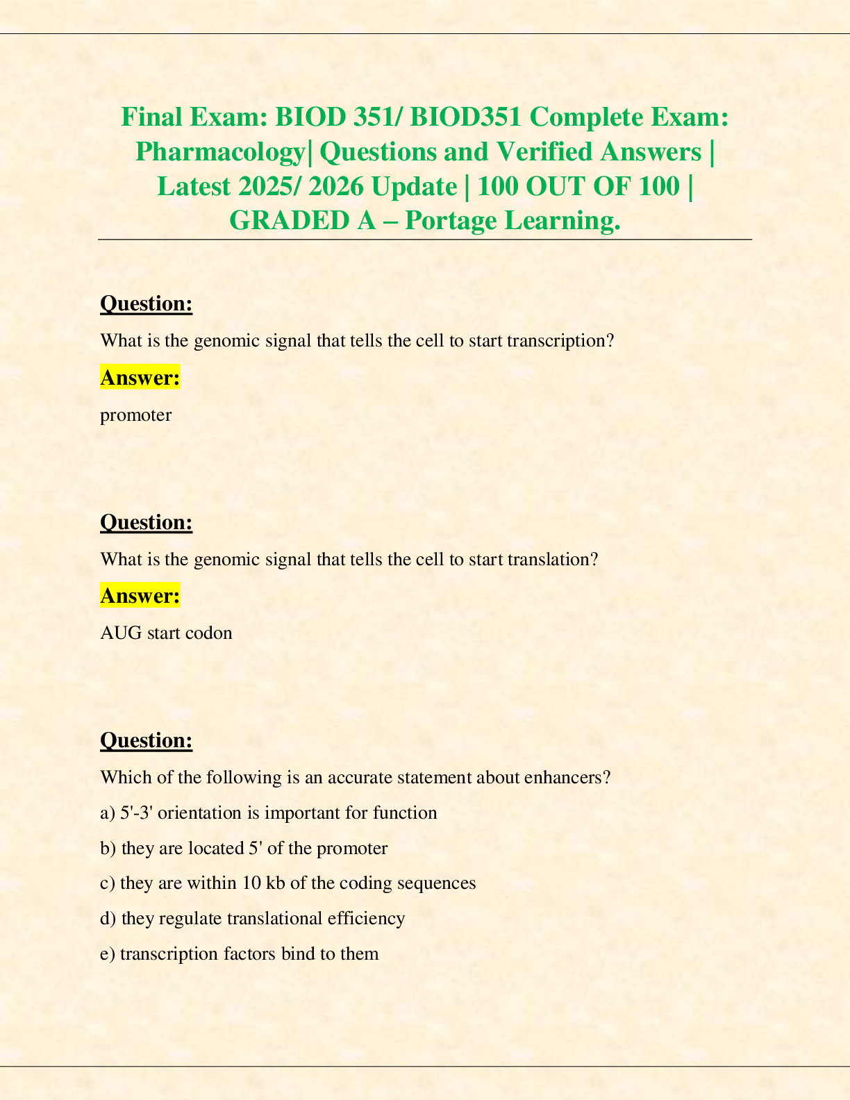 Recommended document preview for Final Exam: BIOD 351/ BIOD351 Complete Exam:  Pharmacology| Questions and Verified Answers |  Latest 2025/ 2026 Update | 100 OUT OF 100 |  GRADED A – Portage Learning.