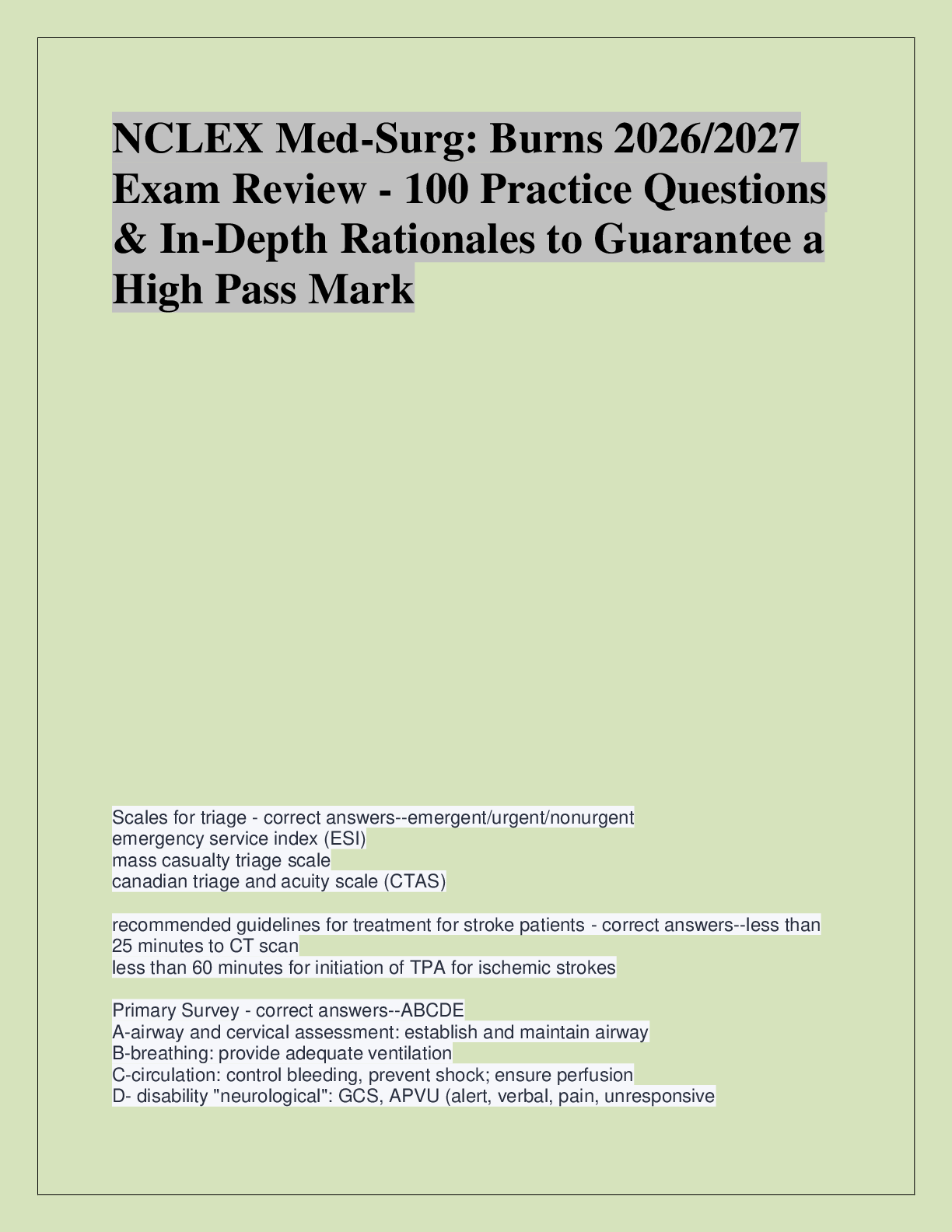 Recommended document preview for NCLEX Med-Surg: Burns 2026/2027  Exam Review - 100 Practice Questions  & In-Depth Rationales to Guarantee a  High Pass Mark