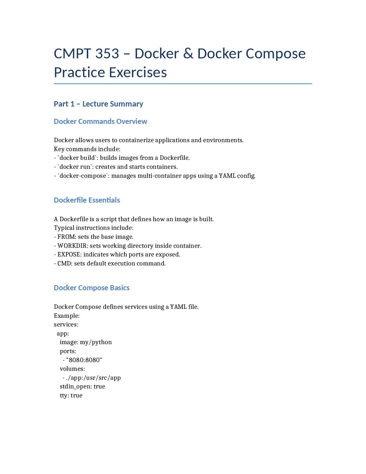 Recommended document preview for CMPT 353 Docker & Docker Compose Practice Exercises Part 1 – Lecture Summary & Part 2 – Practice Questions
