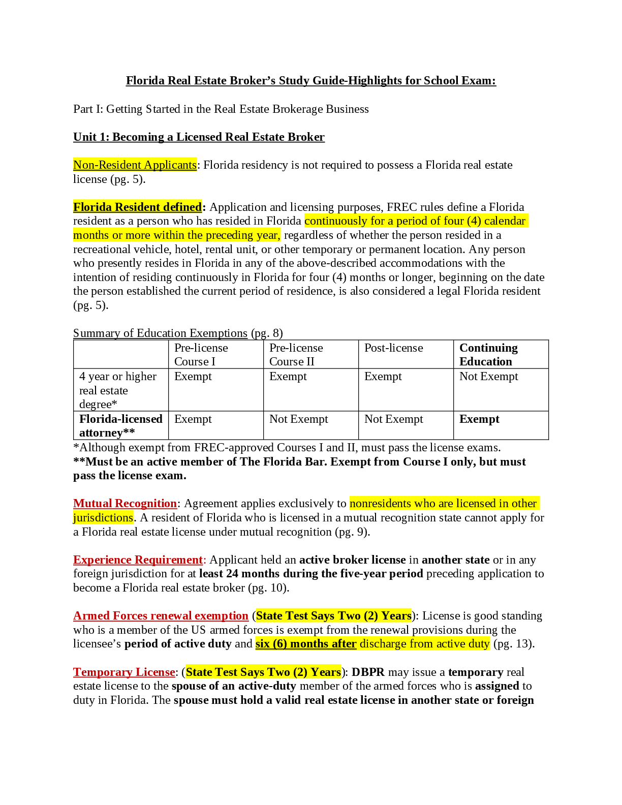 Recommended document preview for Florida Real Estate Broker’s Study Guide-Highlights for School Exam:
