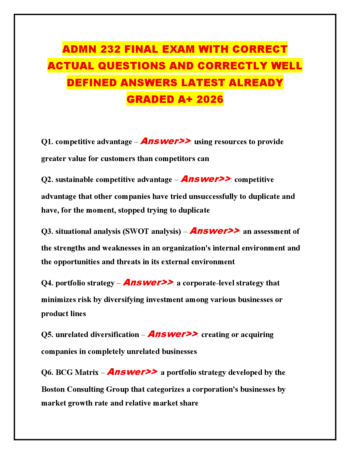 Recommended document preview for ADMN 232 FINAL EXAM WITH CORRECT  ACTUAL QUESTIONS AND CORRECTLY WELL  DEFINED ANSWERS LATEST ALREADY  GRADED A+ 2026