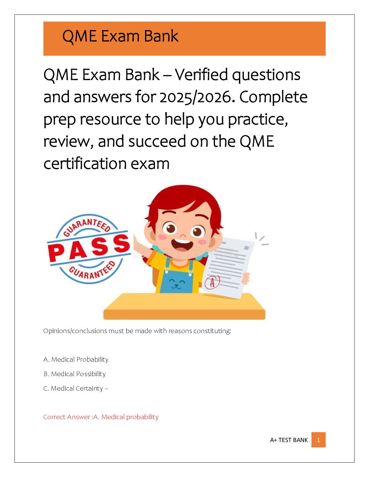 Recommended document preview for QME Exam Bank – Verified questions  and answers for 2025/2026. Complete  prep resource to help you practice,  review, and succeed on the QME  certification exam
