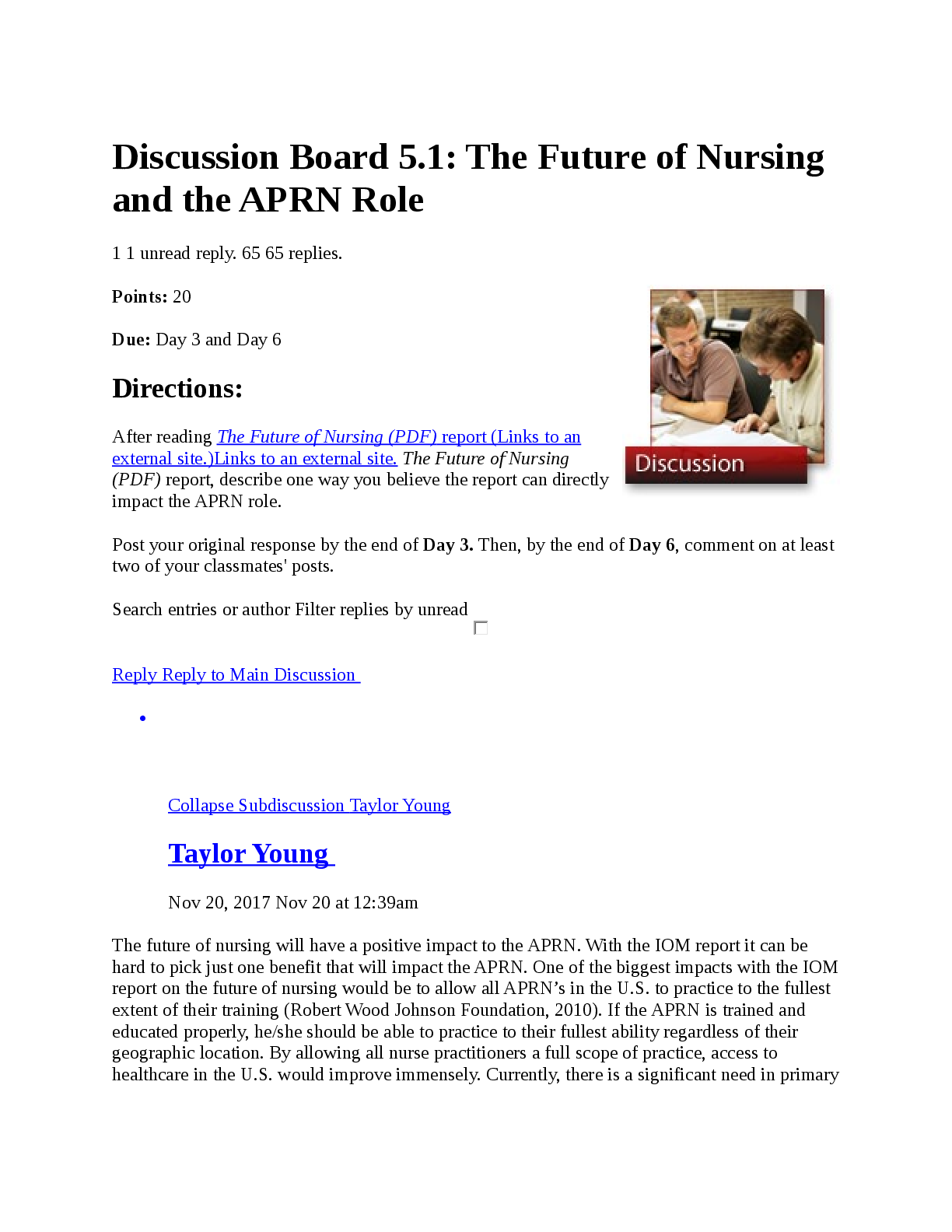 Recommended document preview for Discussion Board 5.1: The Future of Nursing  and the APRN Role
