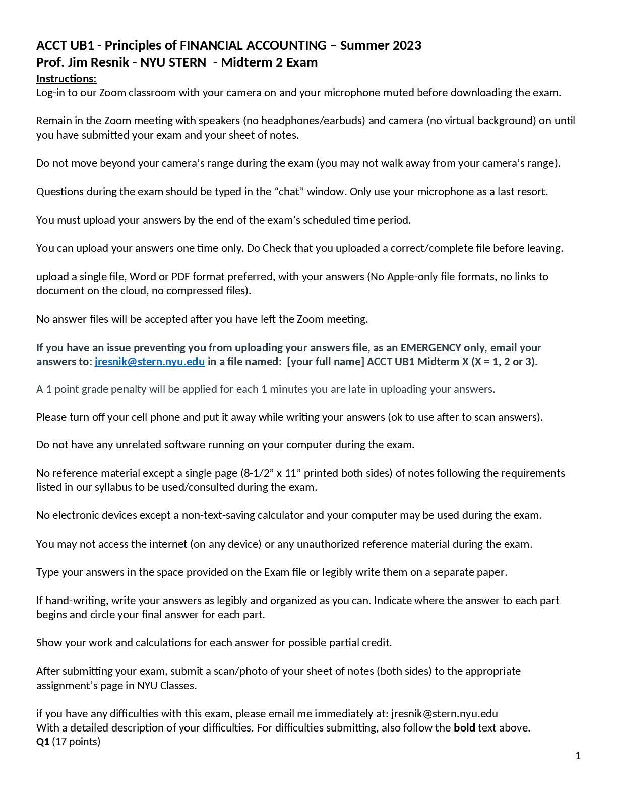 Preview of ACCT UB1 Principles of FINANCIAL ACCOUNTING NYU STERN - Midterm 2 Exam