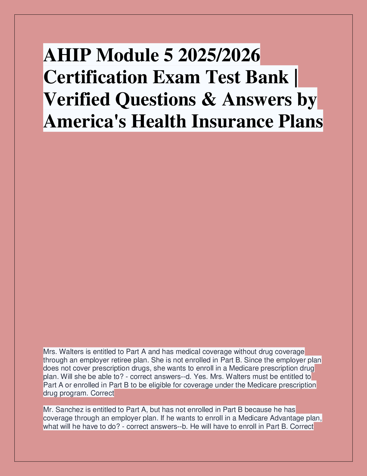 Recommended document preview for AHIP Module 5 2025/2026  Certification Exam Test Bank |  Verified Questions & Answers by  America's Health Insurance Plans