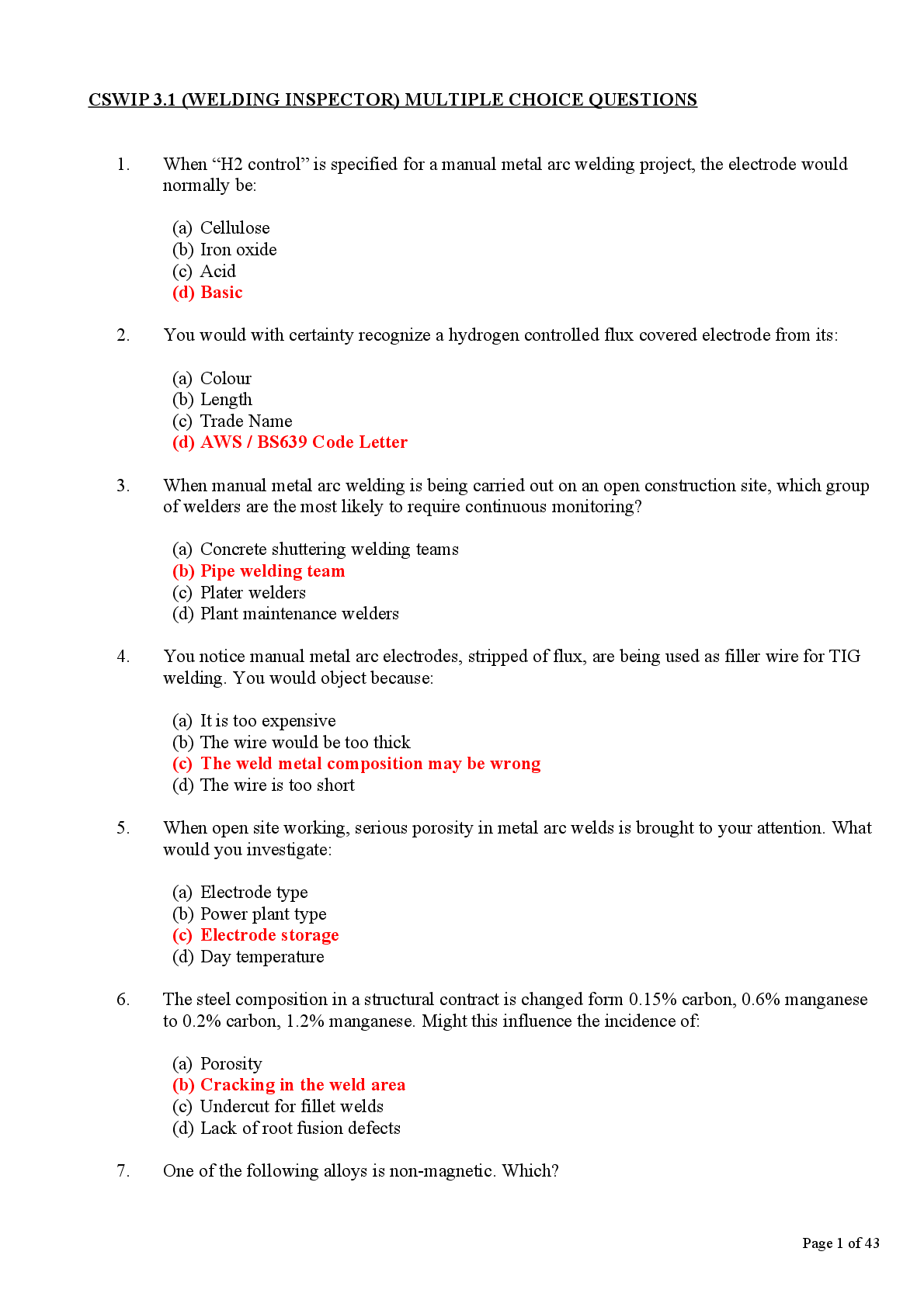 Recommended document preview for CSWIP 3.1 (WELDING INSPECTOR) MULTIPLE CHOICE QUESTIONS