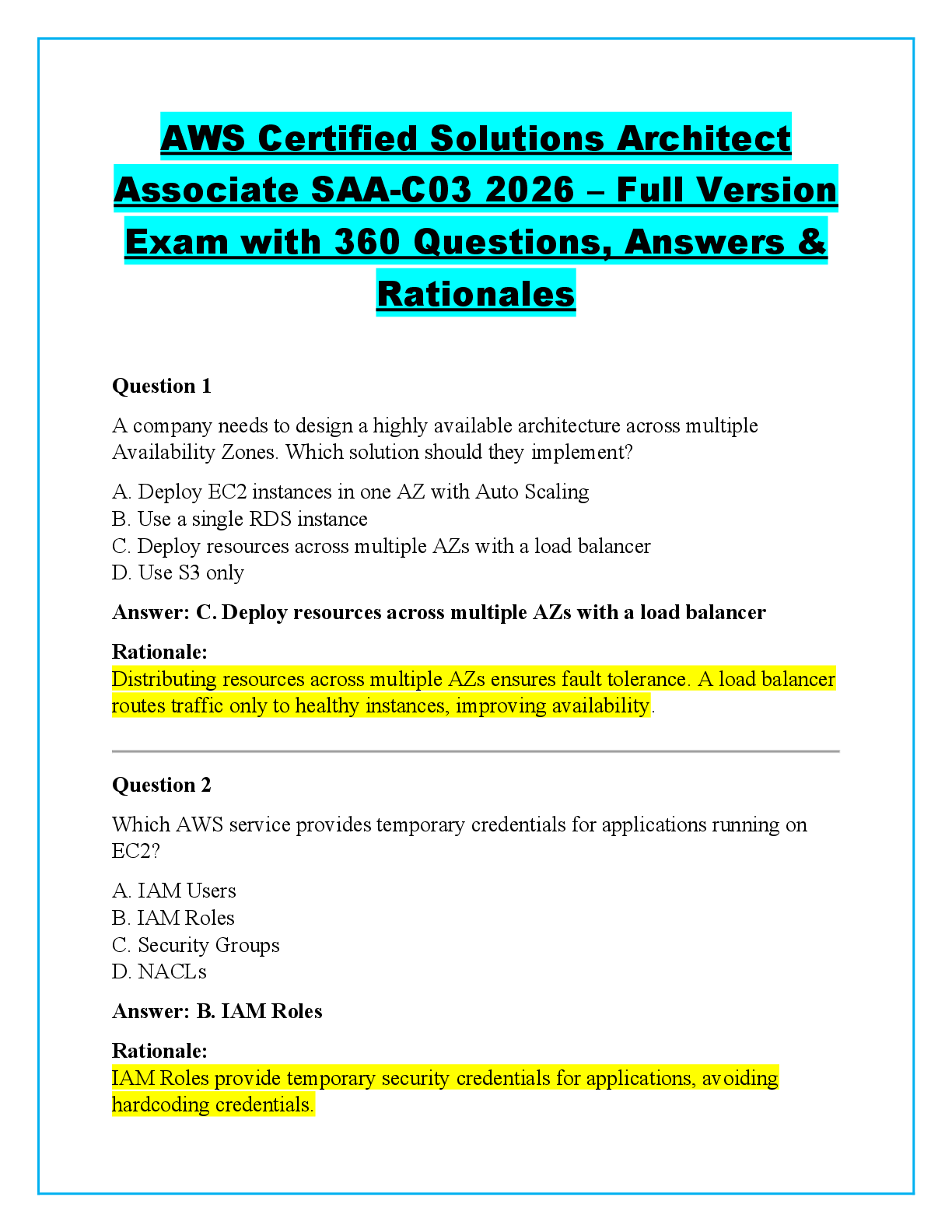Recommended document preview for AWS Certified Solutions Architect  Associate SAA-C03 2026 – Full Version  Exam with 360 Questions, Answers &  Rationales