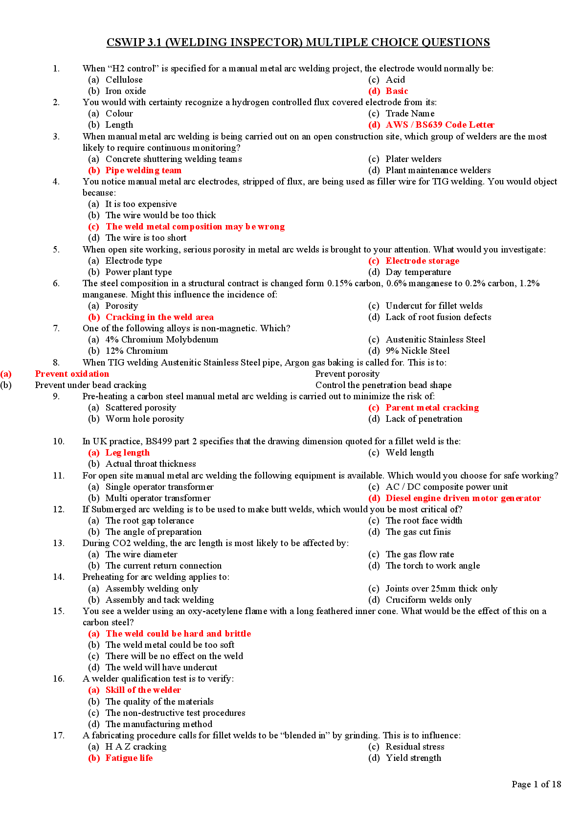 Recommended document preview for CSWIP 3.1 (WELDING INSPECTOR) MULTIPLE CHOICE QUESTIONS