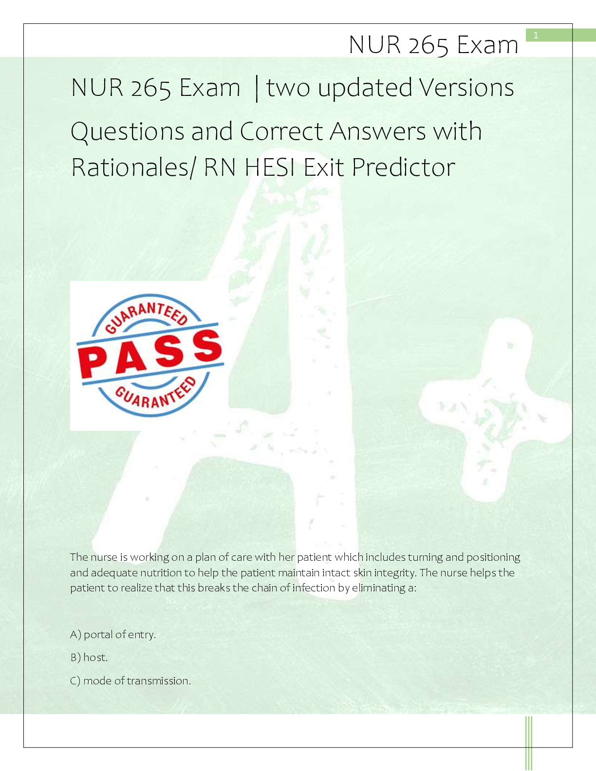 Preview of NUR 265 Exam  | two updated Versions   Questions and Correct Answers with  Rationales/ RN HESI Exit Predictor