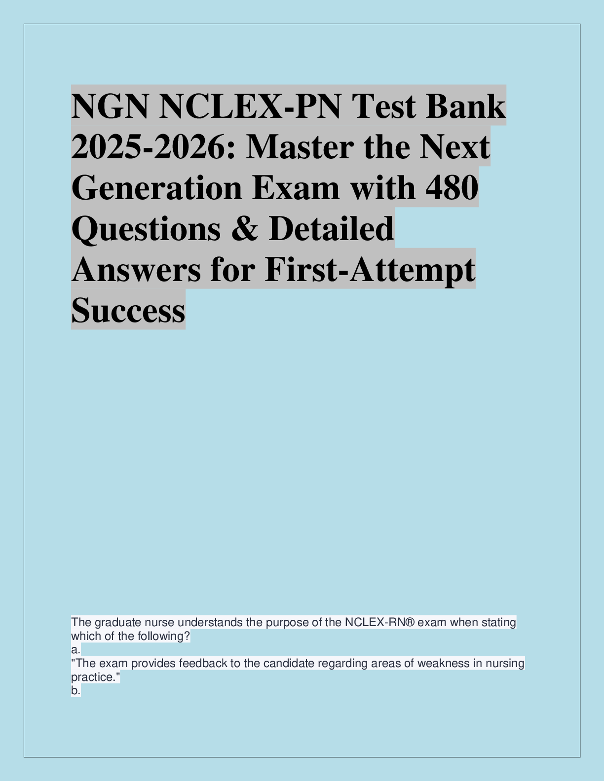 Recommended document preview for NGN NCLEX-PN Test Bank  2025-2026: Master the Next  Generation Exam with 480  Questions & Detailed  Answers for First-Attempt  Success