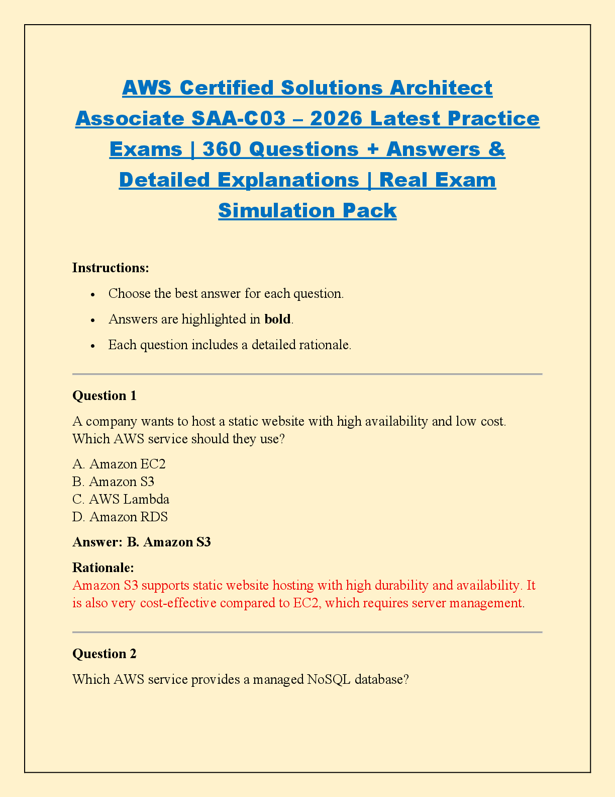 Recommended document preview for AWS Certified Solutions Architect  Associate SAA-C03 – 2026 Latest Practice  Exams | 360 Questions + Answers &  Detailed Explanations | Real Exam  Simulation Pack