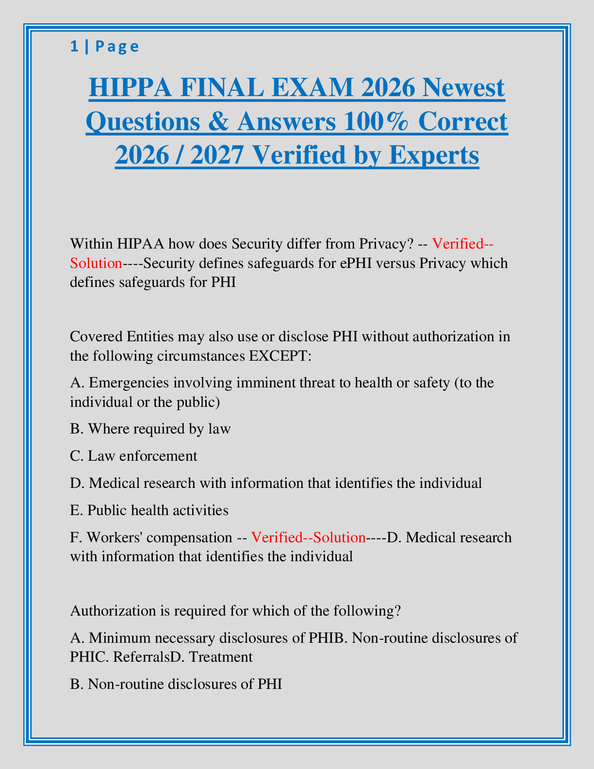 Recommended document preview for HIPPA FINAL EXAM 2026 Newest  Questions & Answers 100% Correct  2026 / 2027 Verified by Experts