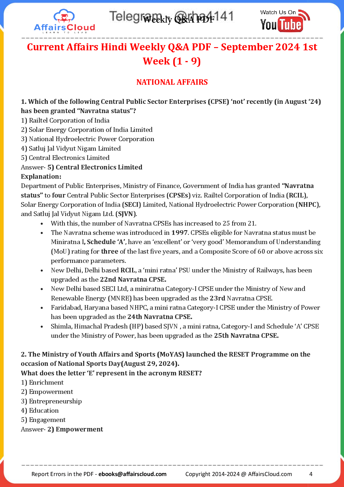 Recommended document preview for Current Affairs Hindi Weekly Q&A PDF – September 2024 1st  Week (1 - 9)