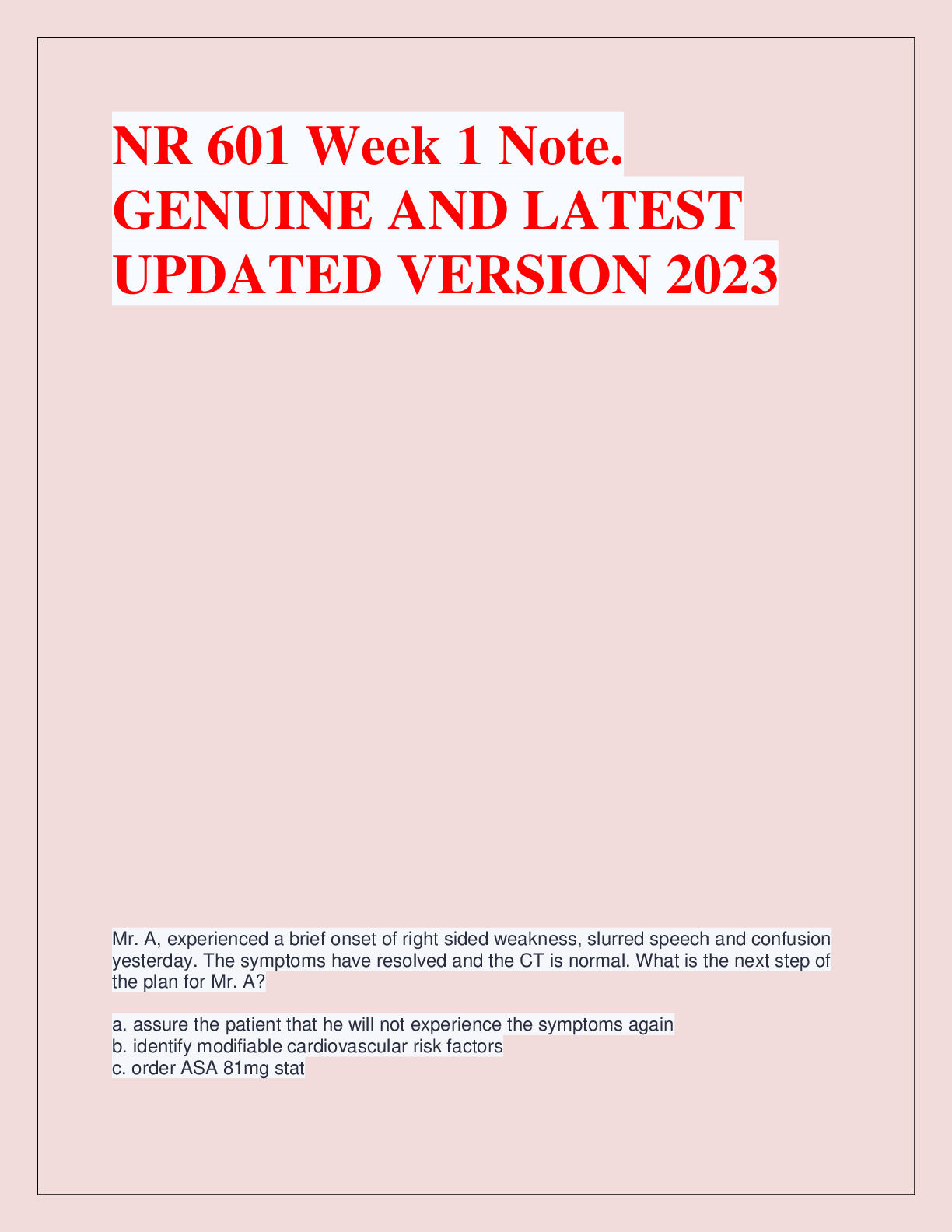 Recommended document preview for NR 602 Week 7: Juliana  Mirabelles' Pain with  Urination 2024 Solutions - 100% Verified