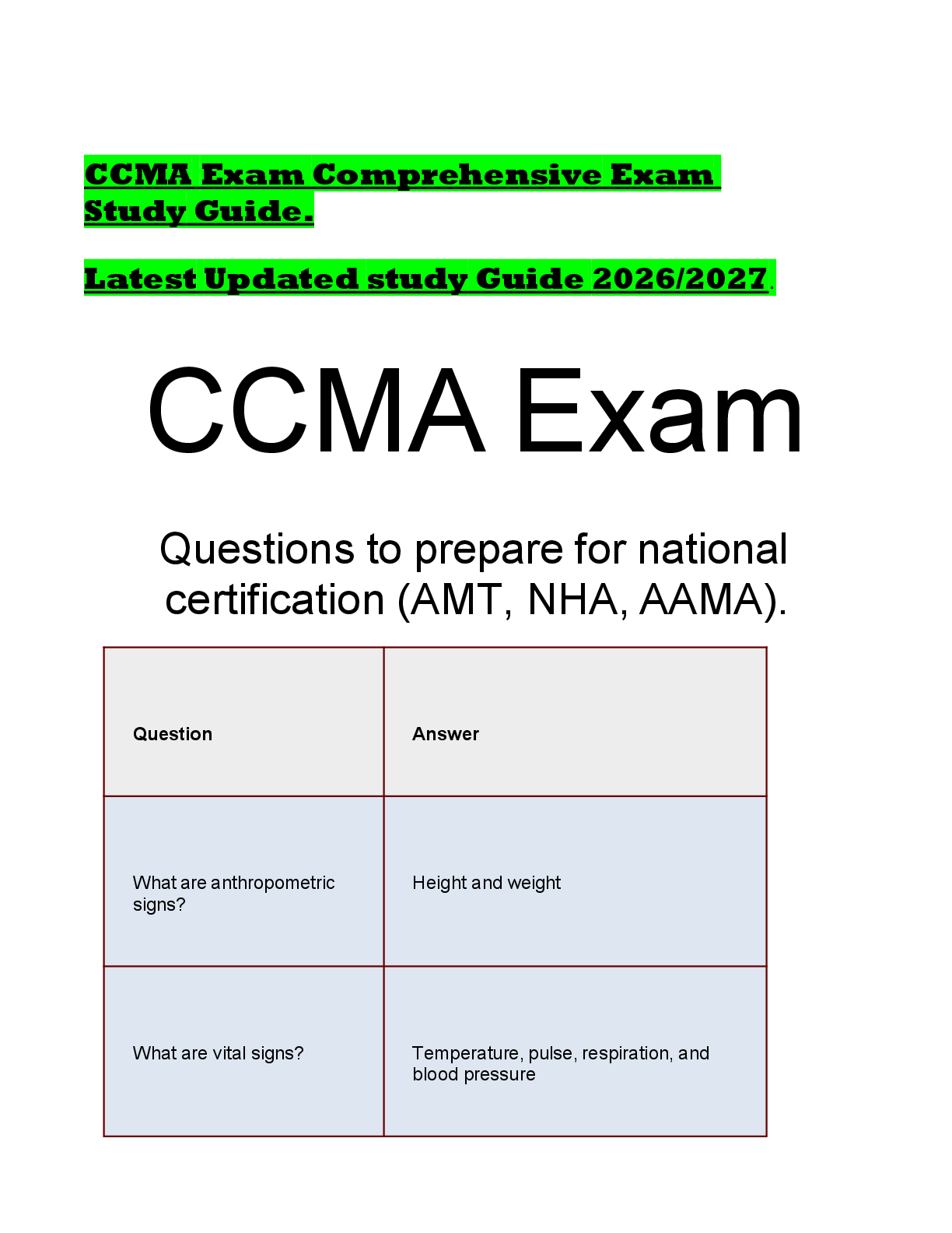 Recommended document preview for CCMA Exam Comprehensive Exam Study Guide. Latest Updated study Guide 2026/2027.