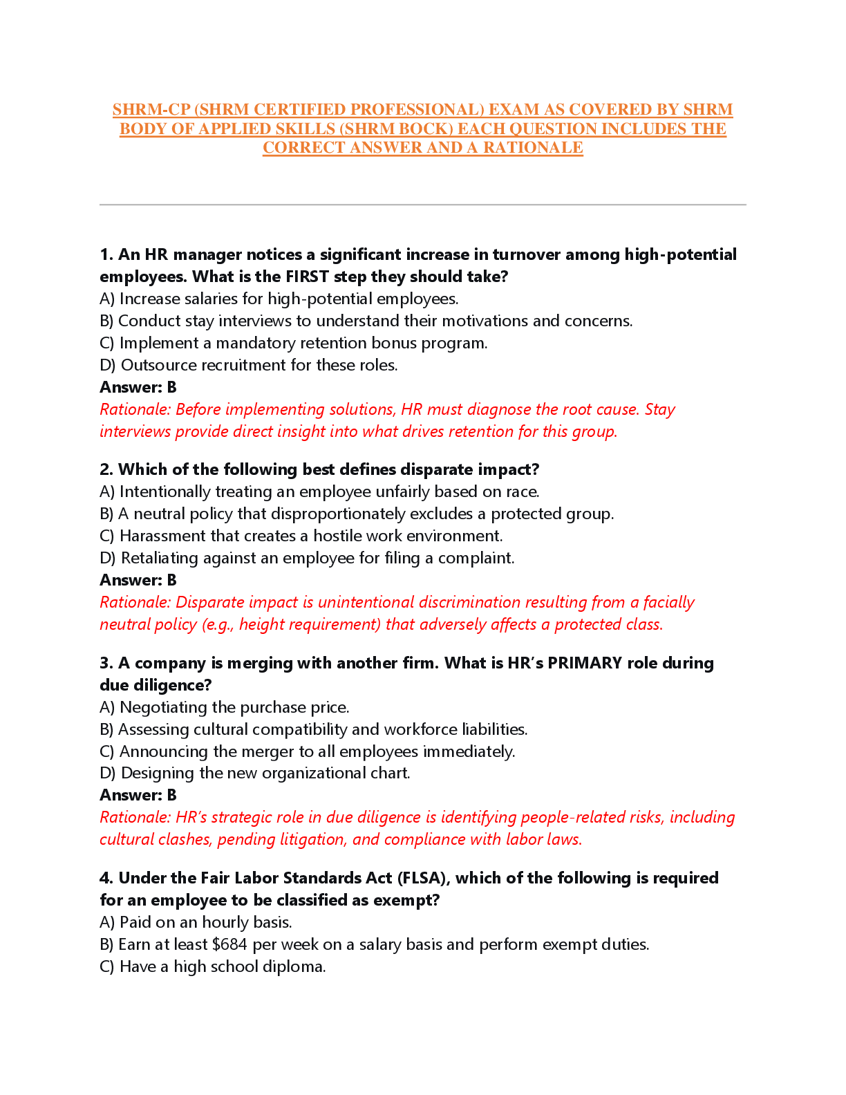 Recommended document preview for SHRM-CP (SHRM CERTIFIED PROFESSIONAL) EXAM AS COVERED BY SHRM  BODY OF APPLIED SKILLS (SHRM BOCK) EACH QUESTION INCLUDES THE  CORRECT ANSWER AND A RATIONALE