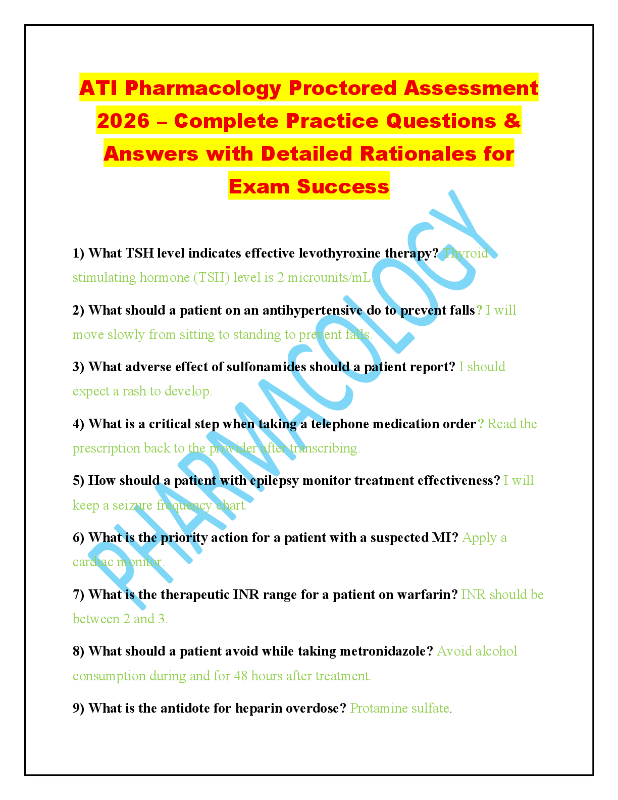 Recommended document preview for ATI Pharmacology Proctored Assessment  2026 – Complete Practice Questions &  Answers with Detailed Rationales for  Exam Success
