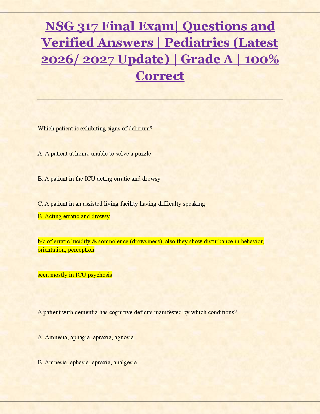 Recommended document preview for NSG 317 Final Exam| Questions and  Verified Answers | Pediatrics (Latest  2026/ 2027 Update) | Grade A | 100%  Correct