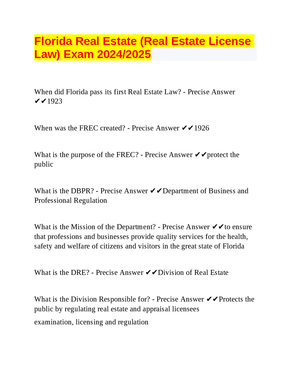 Recommended document preview for Florida Real Estate (Real Estate License  Law) Exam 2024/2025